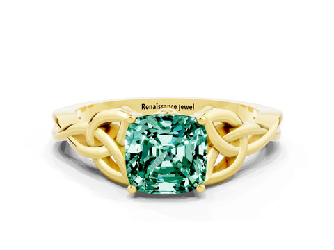 Yellow gold Cushion Cut Green Sapphire Solitaire Celtic Knot Ring with Four-Prong Setting_12