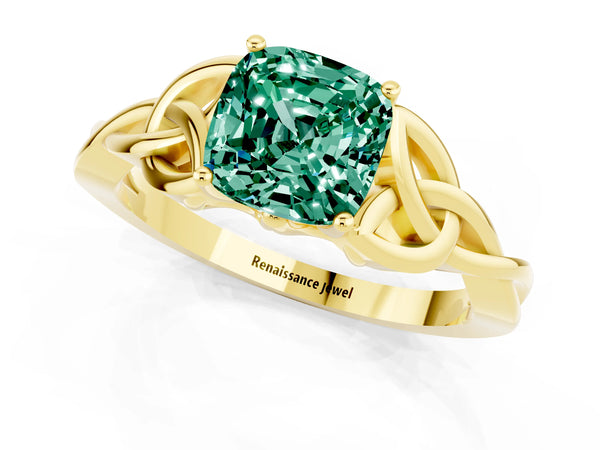 Yellow gold Cushion Cut Green Sapphire Solitaire Celtic Knot Ring with Four-Prong Setting