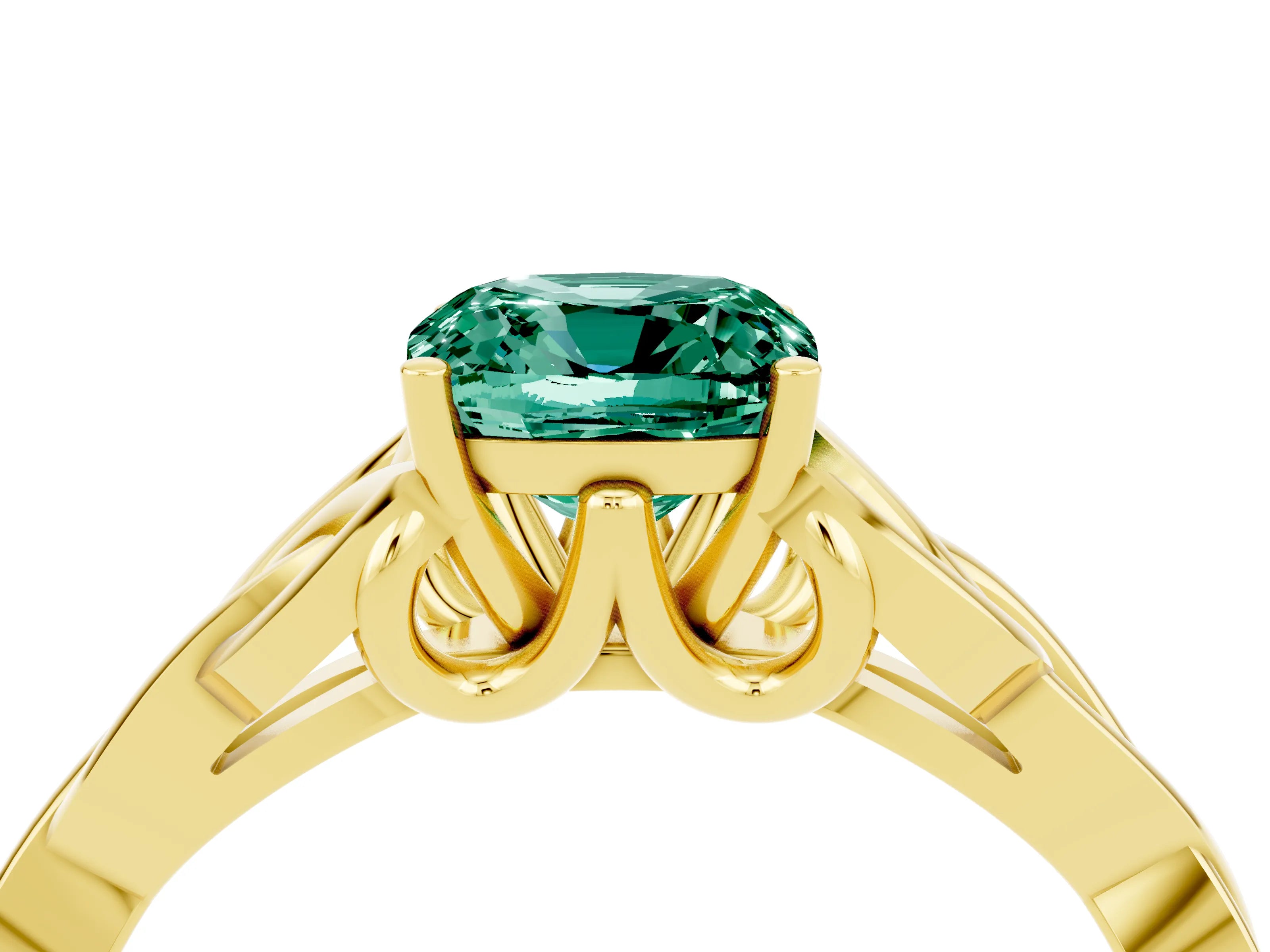 Yellow gold Cushion Cut Green Sapphire Solitaire Celtic Knot Ring with Four-Prong Setting_16