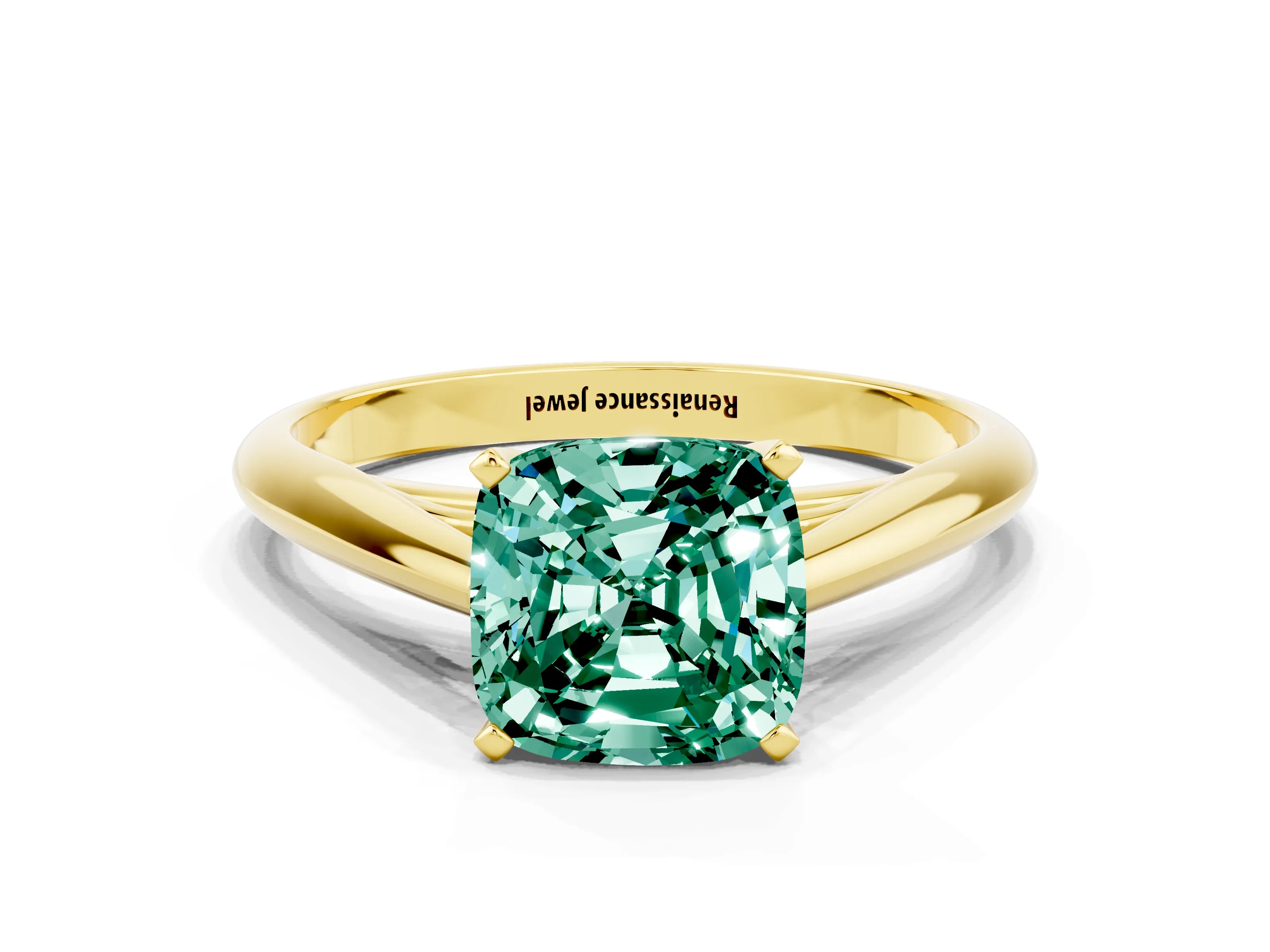 Yellow gold Cushion Cut Green Sapphire Solitaire Engagement Ring with Cathedral Setting and Four-Prong Mount_12