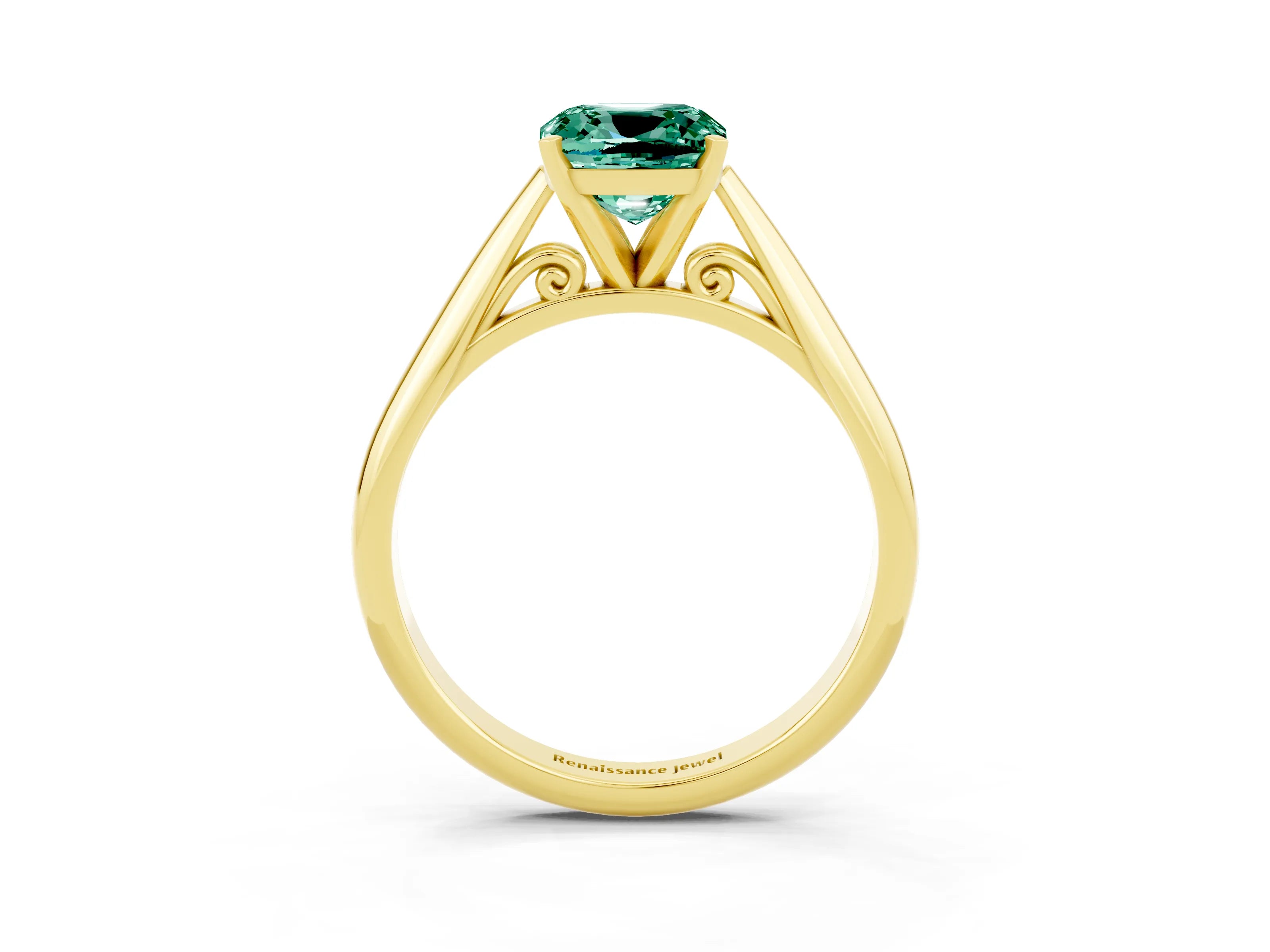 Yellow gold Cushion Cut Green Sapphire Solitaire Engagement Ring with Cathedral Setting and Four-Prong Mount_15