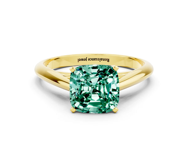 Yellow gold Cushion Cut Green Sapphire Solitaire Engagement Ring with Cathedral Setting and Four-Prong Mount