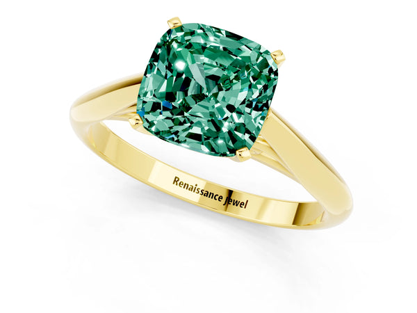 Yellow gold Cushion Cut Green Sapphire Solitaire Engagement Ring with Cathedral Setting and Four-Prong Mount