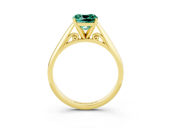 Yellow gold Cushion Cut Green Sapphire Solitaire Engagement Ring with Cathedral Setting and Four-Prong Mount