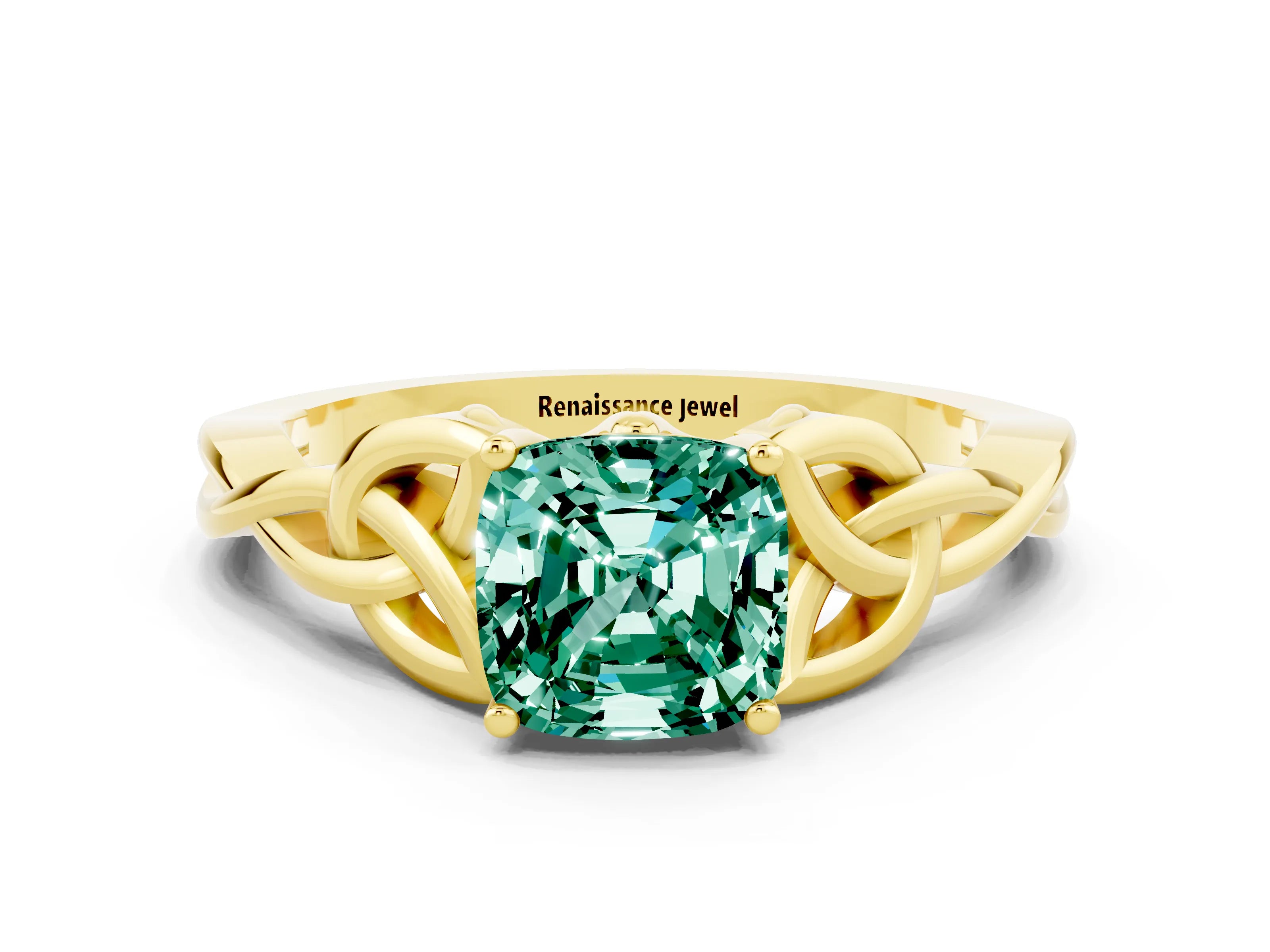 Yellow gold Cushion Cut Green Sapphire Solitaire Engagement Ring with Celtic Knot Band and Four-Prong Setting