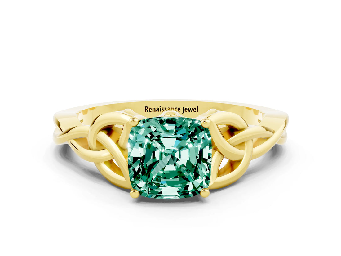 Yellow gold Cushion Cut Green Sapphire Solitaire Engagement Ring with Celtic Knot Band and Four-Prong Setting