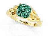 Yellow gold Cushion Cut Green Sapphire Solitaire Engagement Ring with Celtic Knot Band and Four-Prong Setting_1