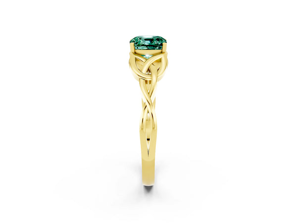 Yellow gold Cushion Cut Green Sapphire Solitaire Engagement Ring with Celtic Knot Band and Four-Prong Setting
