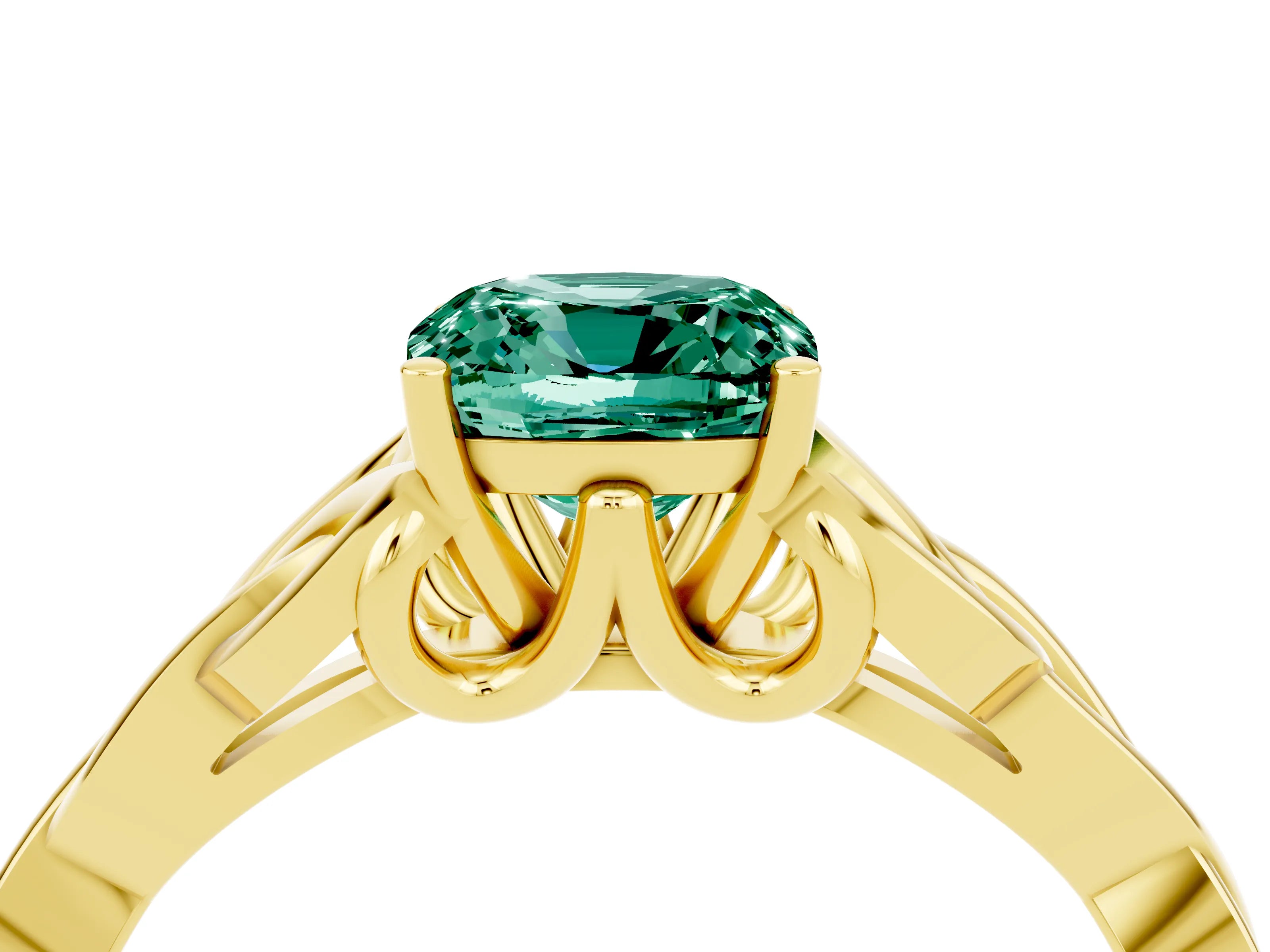Yellow gold Cushion Cut Green Sapphire Solitaire Engagement Ring with Celtic Knot Band and Four-Prong Setting_4
