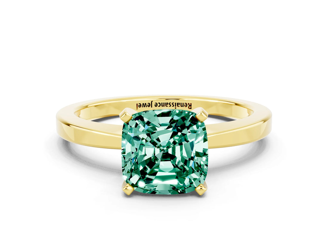 Yellow gold Cushion Cut Green Sapphire Solitaire Engagement Ring with Classic Band and Four-Prong Setting_12