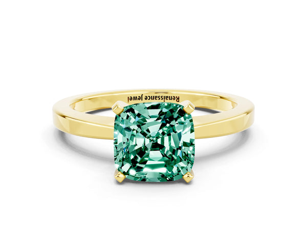 Yellow gold Cushion Cut Green Sapphire Solitaire Engagement Ring with Classic Band and Four-Prong Setting