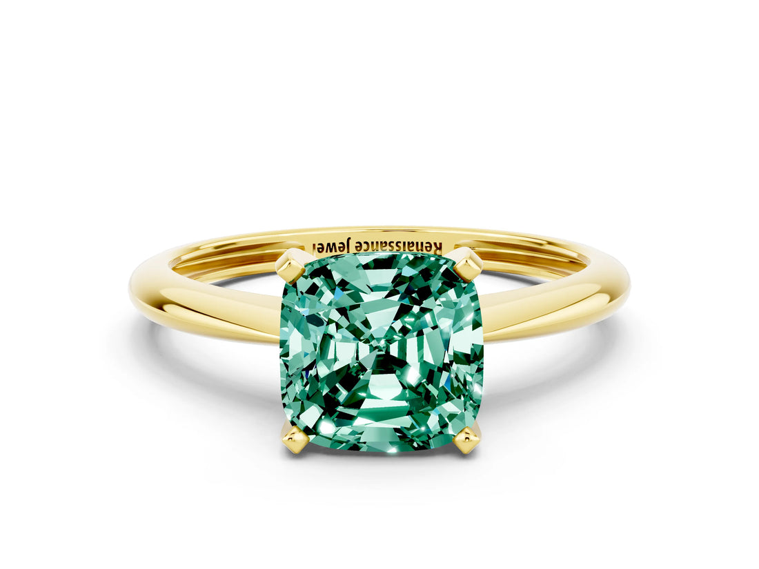 Yellow gold Cushion Cut Green Sapphire Solitaire Engagement Ring with Classic Band and Four-Prong Setting_24