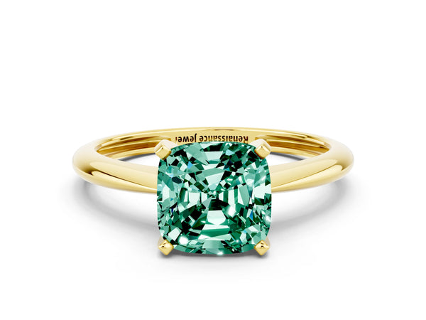 Yellow gold Cushion Cut Green Sapphire Solitaire Engagement Ring with Classic Band and Four-Prong Setting