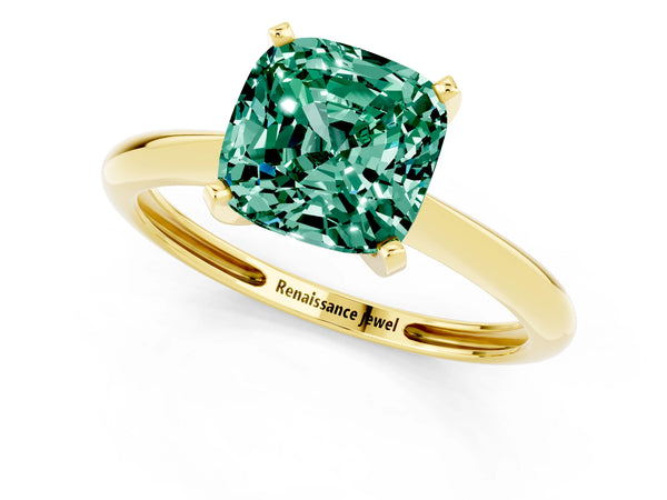 Yellow gold Cushion Cut Green Sapphire Solitaire Engagement Ring with Classic Band and Four-Prong Setting