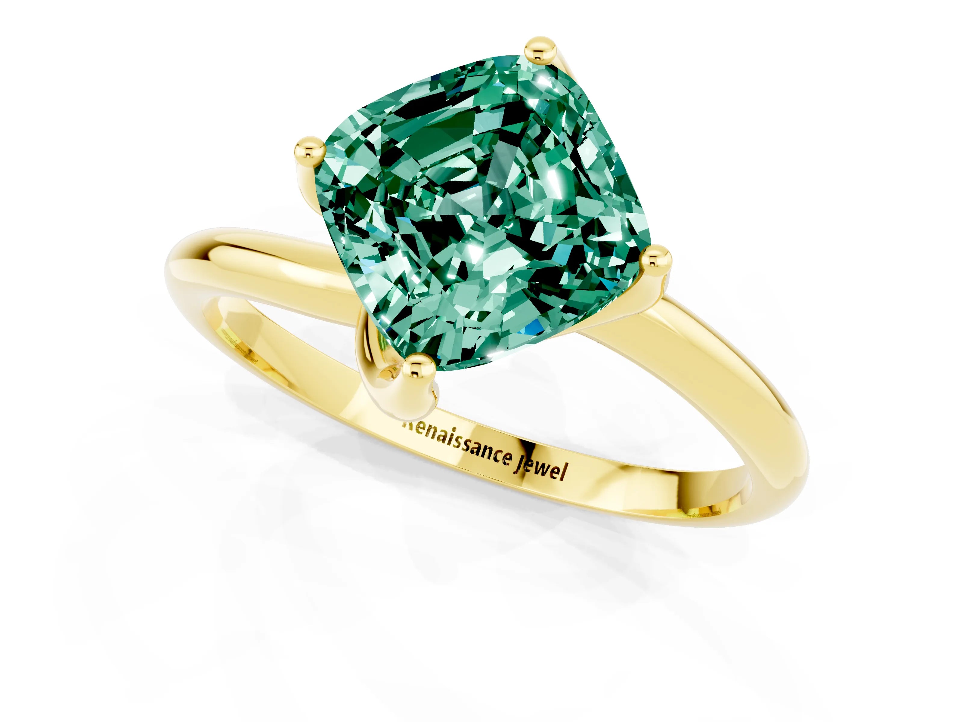 Yellow gold Cushion Cut Green Sapphire Solitaire Engagement Ring with Four-Prong Setting and Classic Band_13
