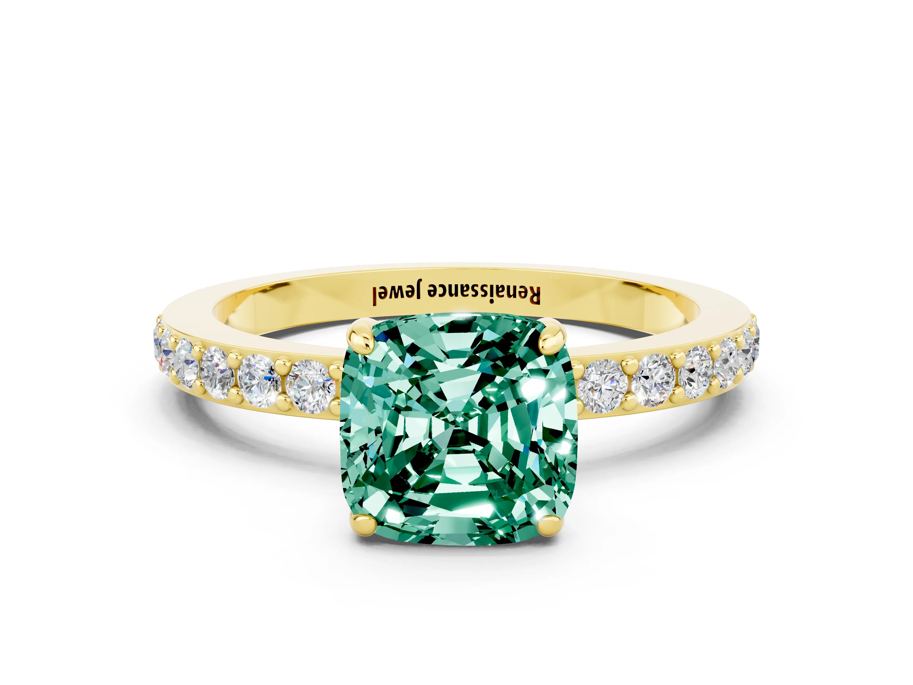 Yellow gold Cushion Cut Green Sapphire Solitaire Engagement Ring with Pavé Band and Four-Prong Setting