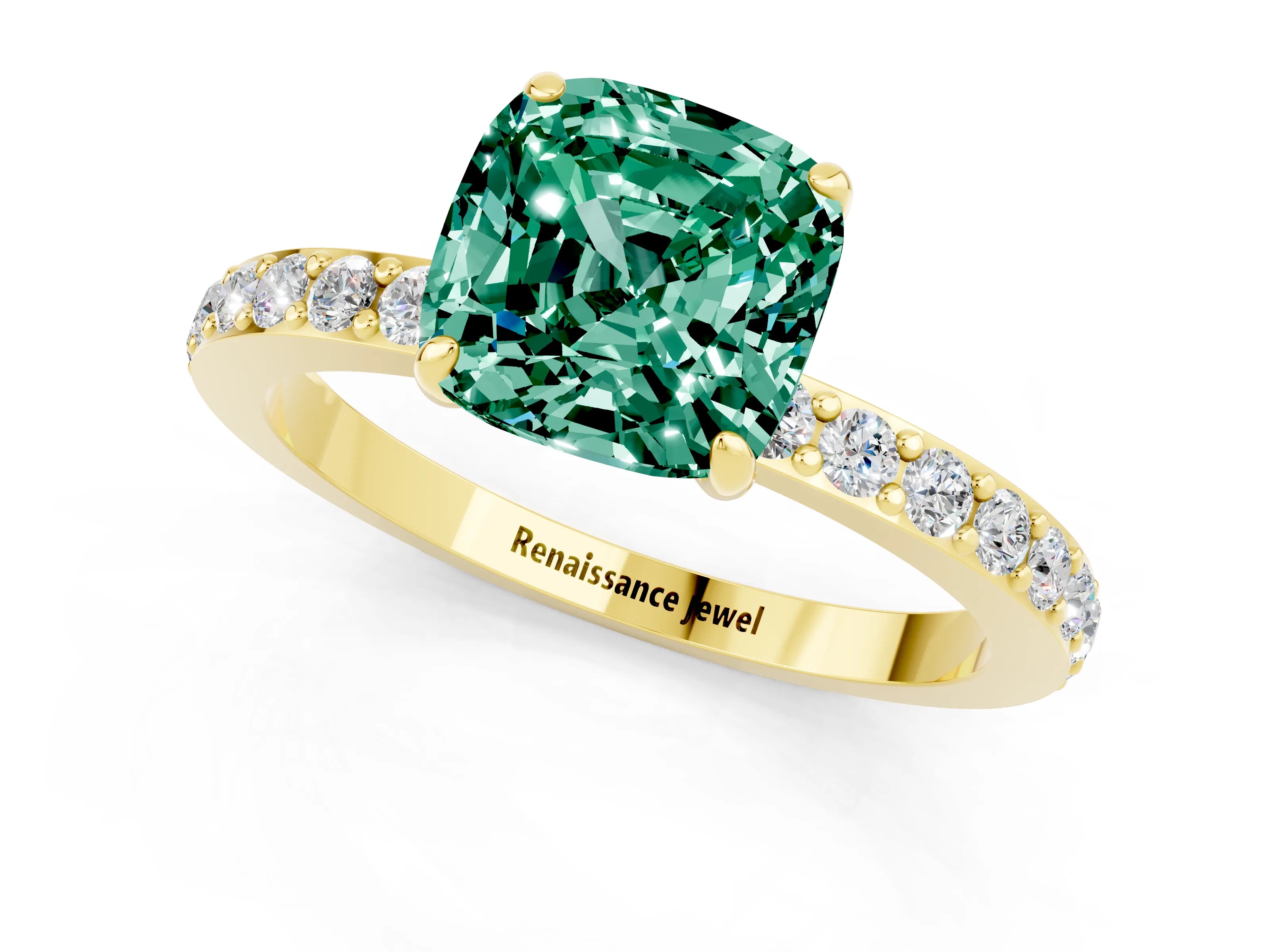 Yellow gold Cushion Cut Green Sapphire Solitaire Engagement Ring with Pavé Band and Four-Prong Setting_1