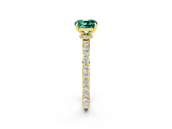Yellow gold Cushion Cut Green Sapphire Solitaire Engagement Ring with Pavé Band and Four-Prong Setting