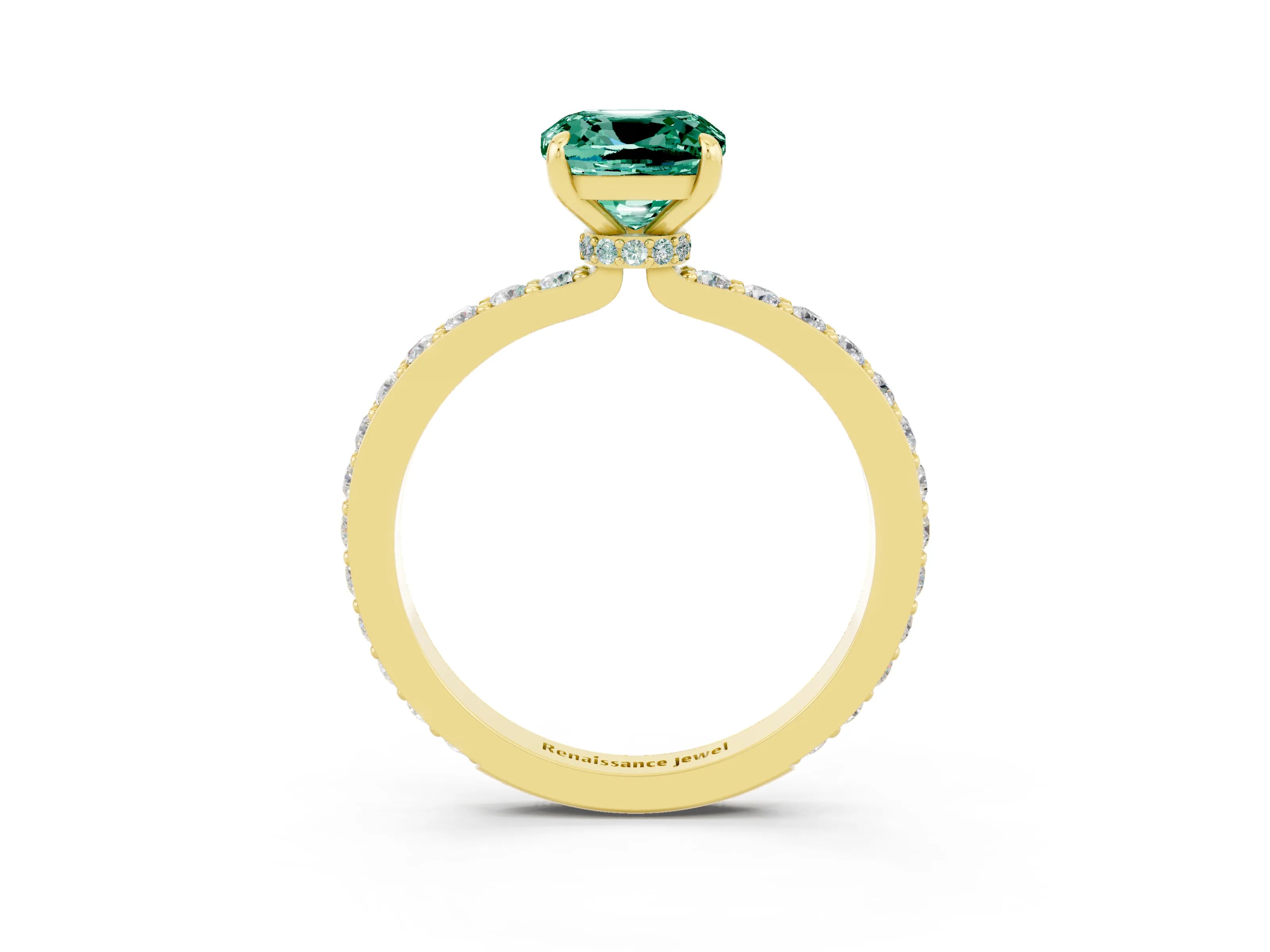 Yellow gold Cushion Cut Green Sapphire Solitaire Engagement Ring with Pavé Band and Four-Prong Setting_3