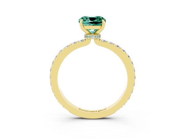 Yellow gold Cushion Cut Green Sapphire Solitaire Engagement Ring with Pavé Band and Four-Prong Setting