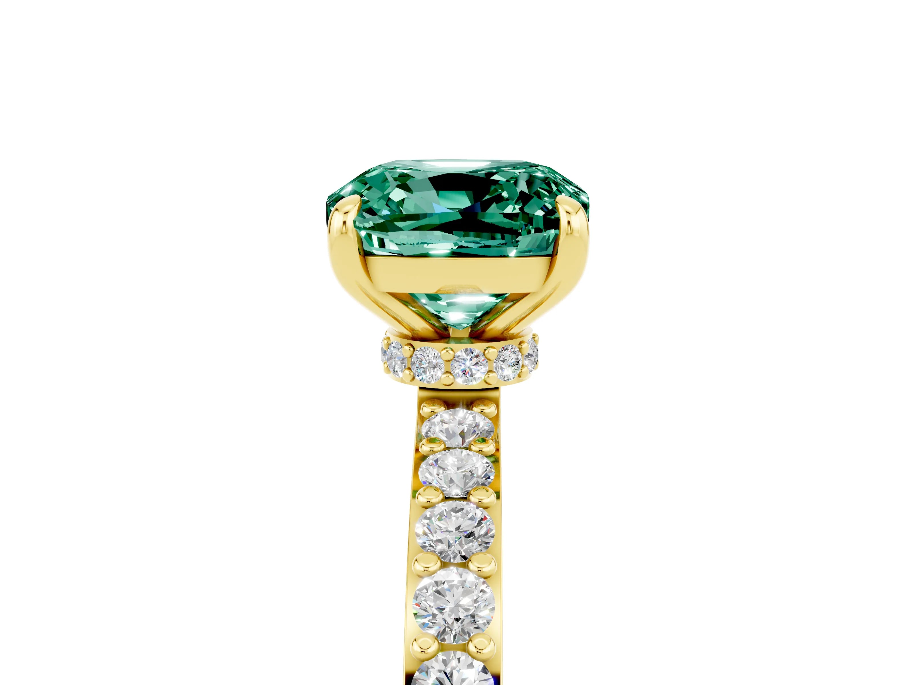 Yellow gold Cushion Cut Green Sapphire Solitaire Engagement Ring with Pavé Band and Four-Prong Setting_5