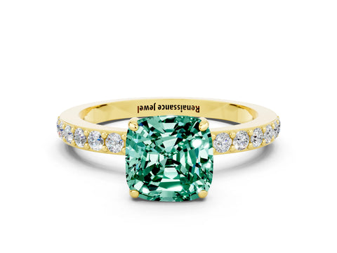 Yellow gold Cushion Cut Green Sapphire Solitaire Engagement Ring with Pavé Band and Four-Prong Setting