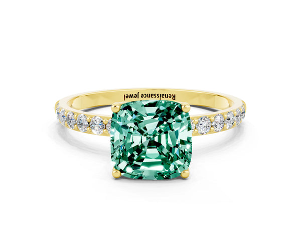 Yellow gold Cushion Cut Green Sapphire Solitaire Engagement Ring with Round  Pavé Band and Prong Setting