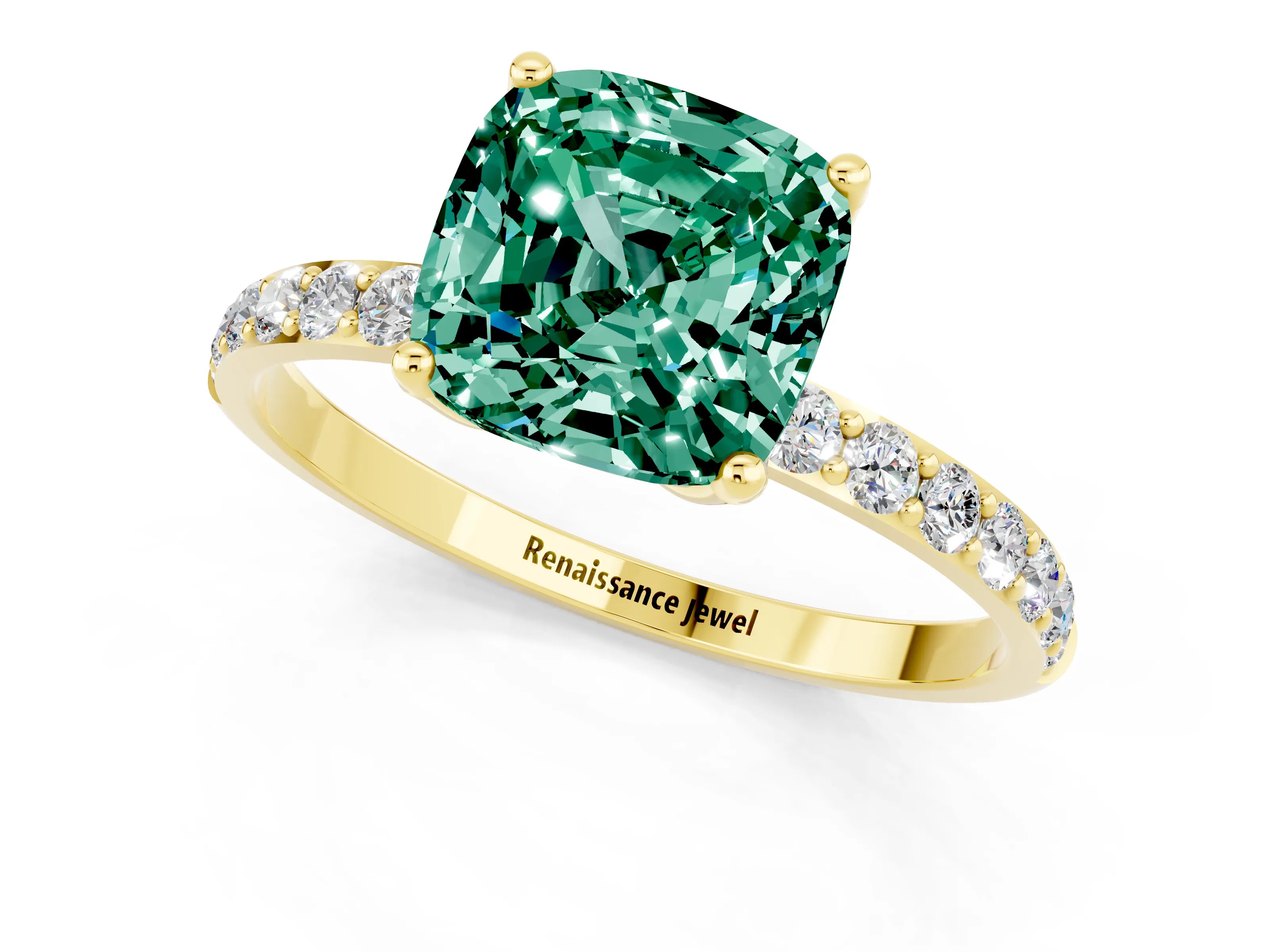 Yellow gold Cushion Cut Green Sapphire Solitaire Engagement Ring with Pavé Band and Prong Setting_1