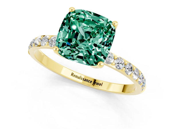 Yellow gold Cushion Cut Green Sapphire Solitaire Engagement Ring with Round  Pavé Band and Prong Setting