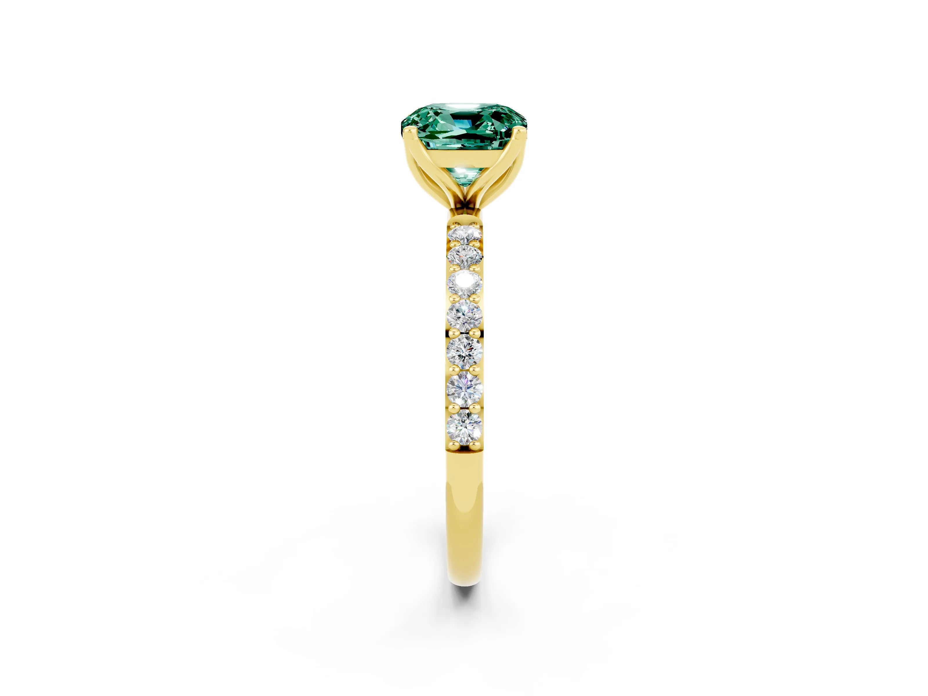 Yellow gold Cushion Cut Green Sapphire Solitaire Engagement Ring with Pavé Band and Prong Setting_2