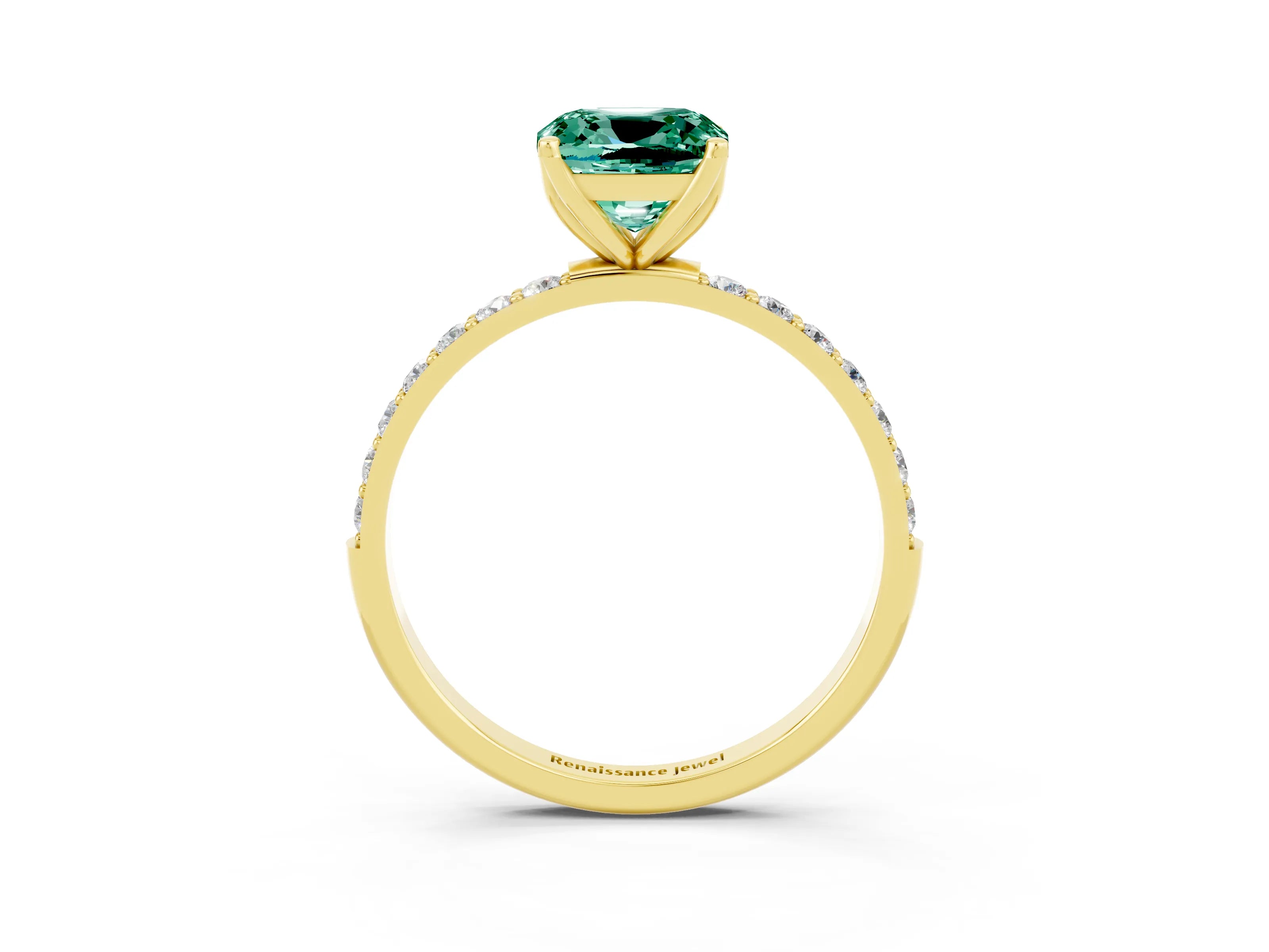 Yellow gold Cushion Cut Green Sapphire Solitaire Engagement Ring with Pavé Band and Prong Setting_3