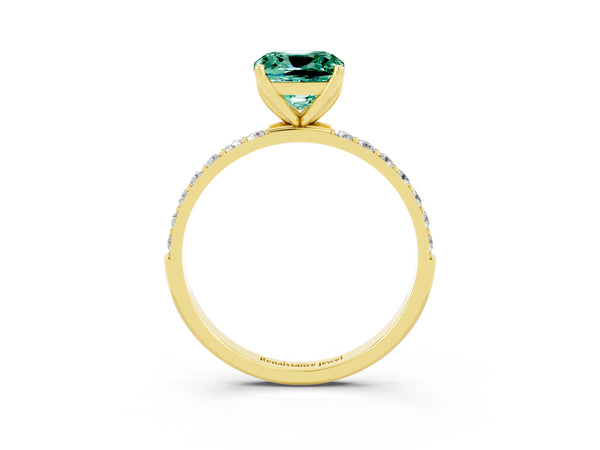 Yellow gold Cushion Cut Green Sapphire Solitaire Engagement Ring with Round  Pavé Band and Prong Setting