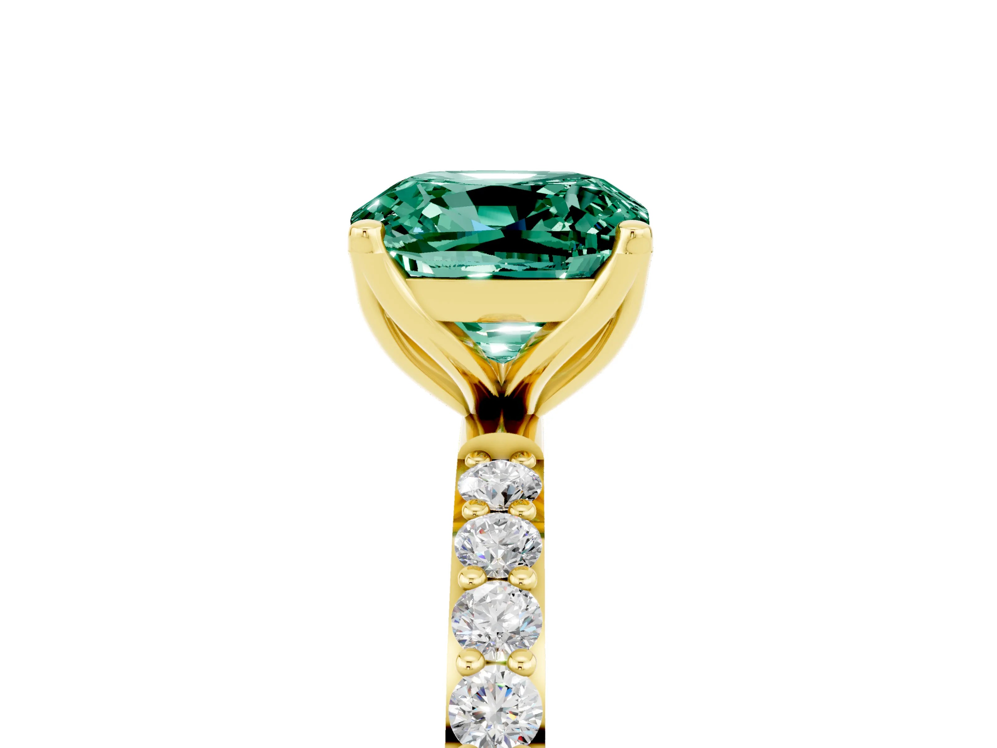 Yellow gold Cushion Cut Green Sapphire Solitaire Engagement Ring with Pavé Band and Prong Setting_5
