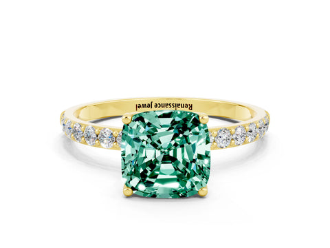 Yellow gold Cushion Cut Green Sapphire Solitaire Engagement Ring with Pavé Band and Prong Setting