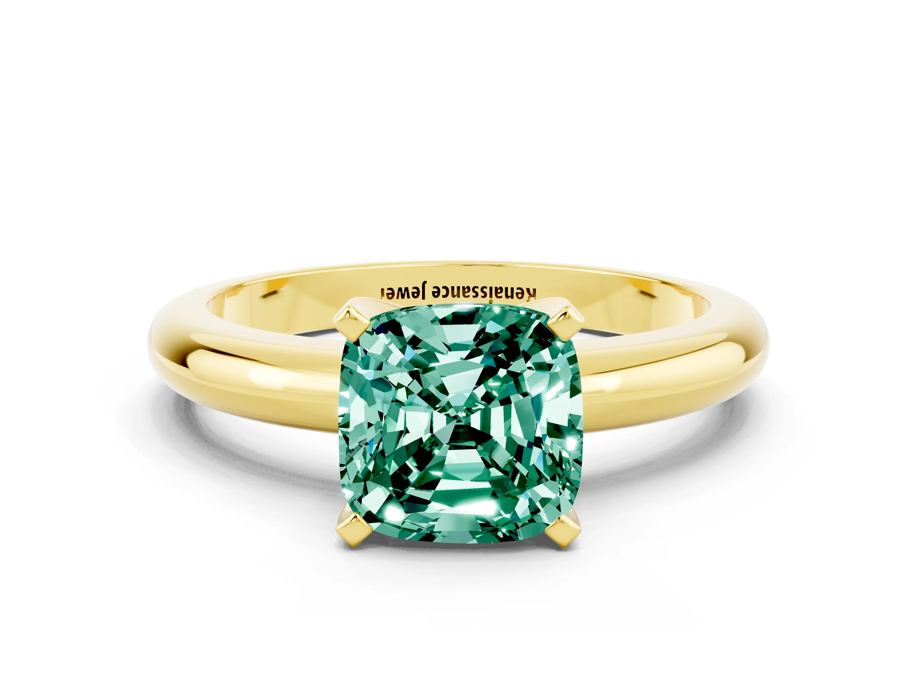 Yellow gold Cushion Cut Green Sapphire Solitaire Engagement Ring with Round Band and Four-Prong Setting