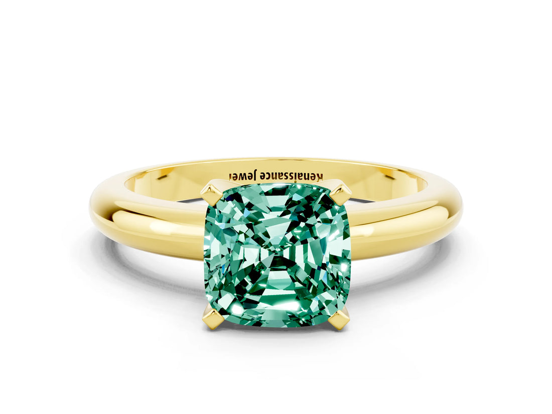 Yellow gold Cushion Cut Green Sapphire Solitaire Engagement Ring with Round Band and Four-Prong Setting