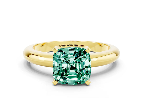 Yellow gold Cushion Cut Green Sapphire Solitaire Engagement Ring with Round Band and Four-Prong Setting