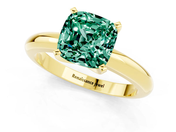 Yellow gold Cushion Cut Green Sapphire Solitaire Engagement Ring with Round Band and Four-Prong Setting