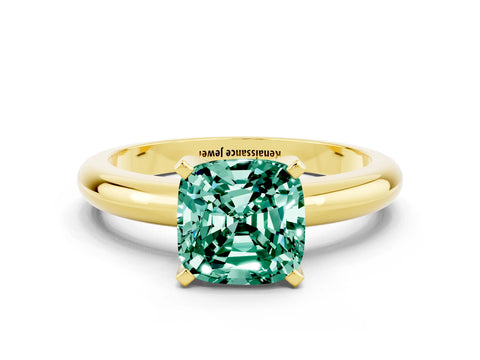 Yellow gold Cushion Cut Green Sapphire Solitaire Engagement Ring with Round Band and Four-Prong Setting