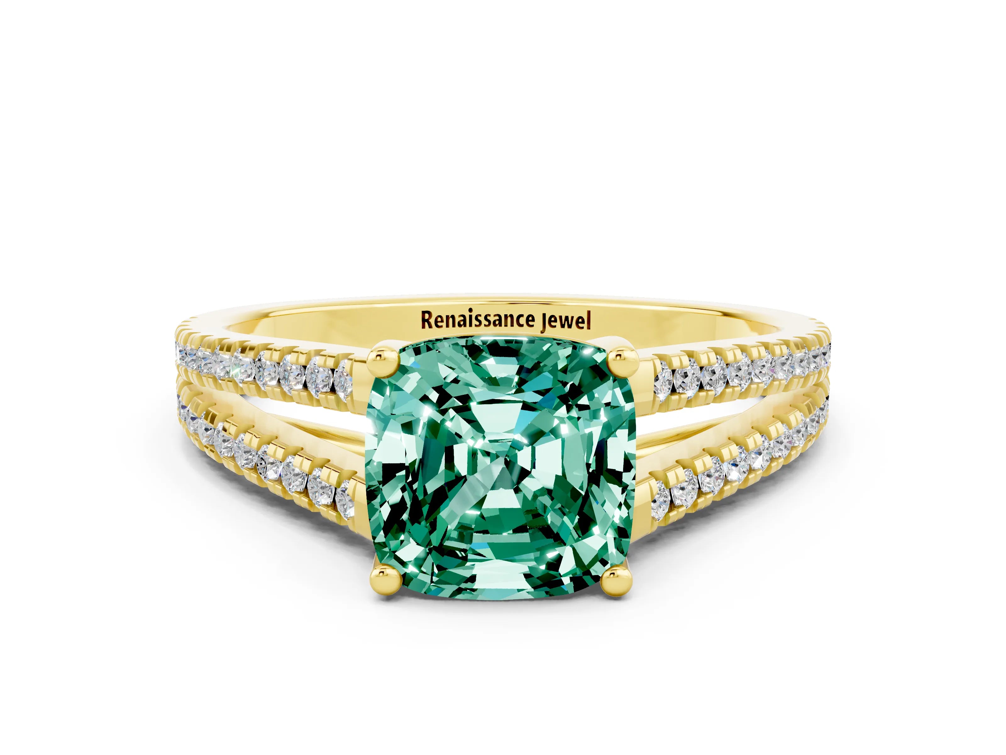 Yellow gold Cushion Cut Green Sapphire Solitaire Engagement Ring with Split Shank Pavé Band