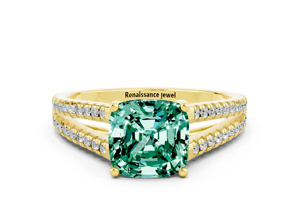 Yellow gold Cushion Cut Green Sapphire Solitaire Engagement Ring with Split Shank Pavé Band