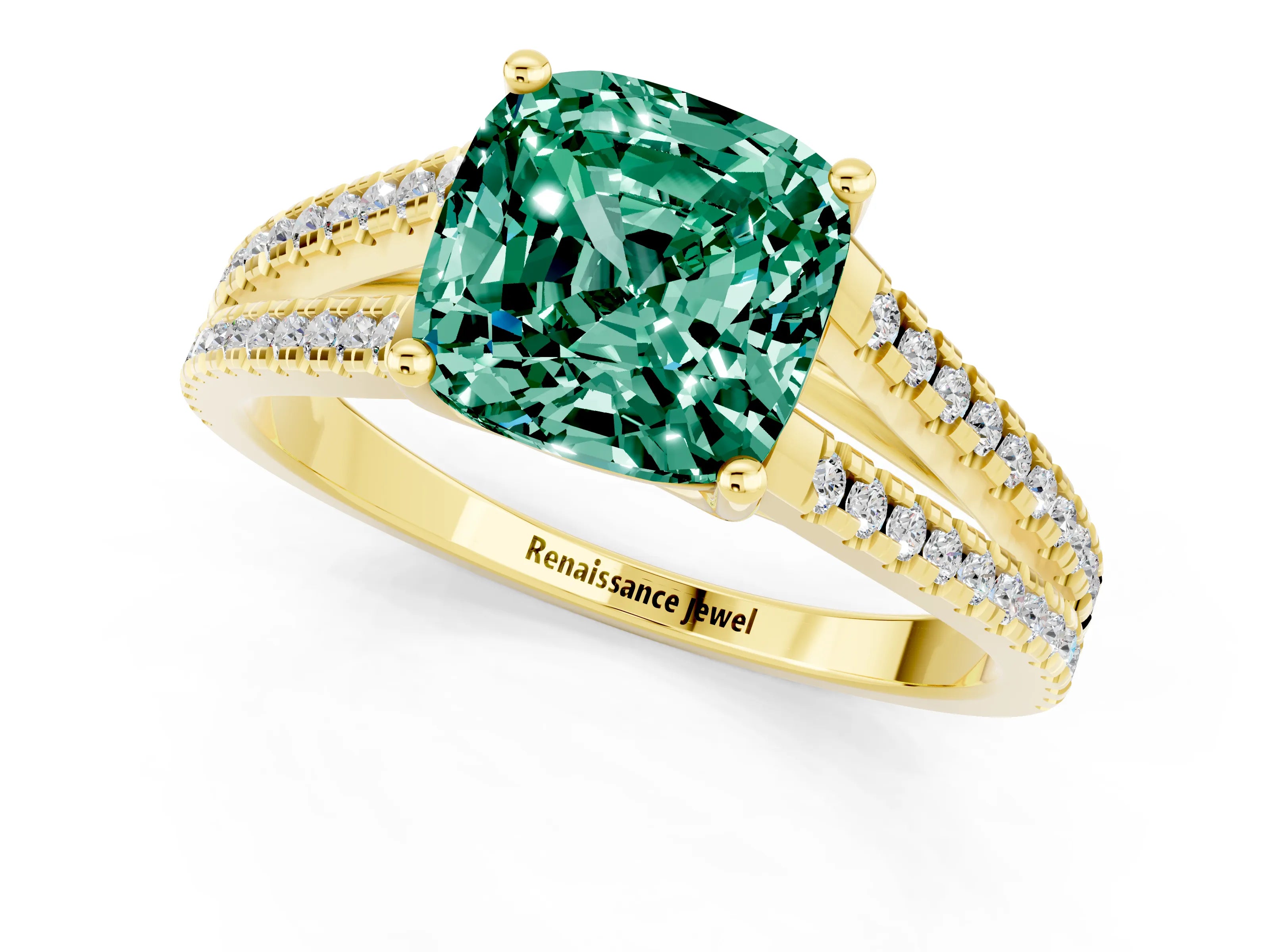 Yellow gold Cushion Cut Green Sapphire Solitaire Engagement Ring with Split Shank Pavé Band_1