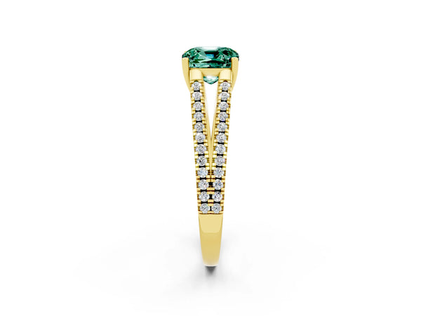 Yellow gold Cushion Cut Green Sapphire Solitaire Engagement Ring with Split Shank Pavé Band