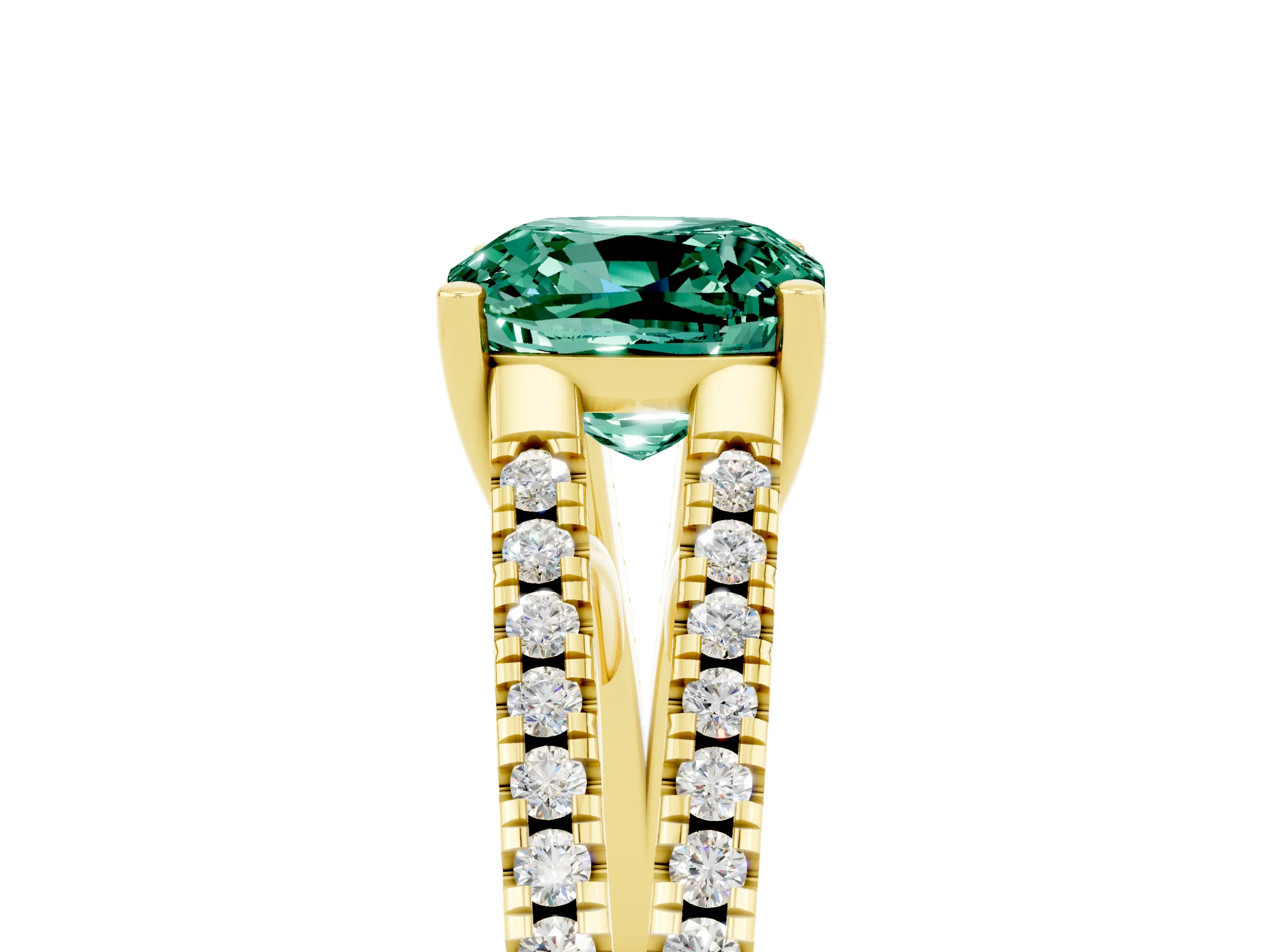 Yellow gold Cushion Cut Green Sapphire Solitaire Engagement Ring with Split Shank Pavé Band_5