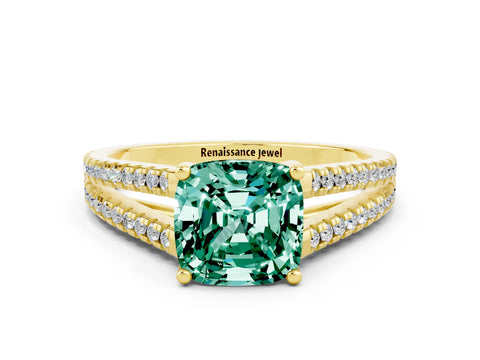 Yellow gold Cushion Cut Green Sapphire Solitaire Engagement Ring with Split Shank Pavé Band