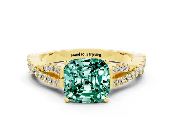 Yellow gold Cushion Cut Green Sapphire Solitaire Engagement Ring with Twisted Pavé Band and Four-Prong Setting