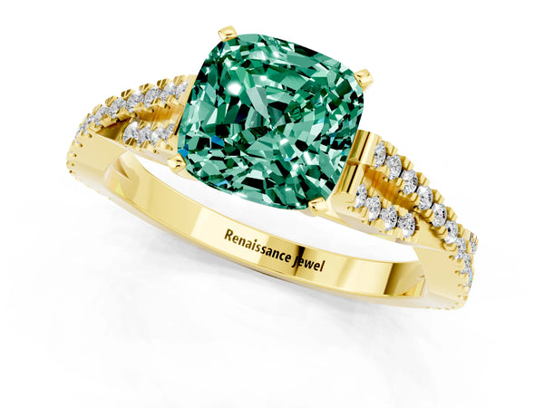 Yellow gold Cushion Cut Green Sapphire Solitaire Engagement Ring with Twisted Pavé Band and Four-Prong Setting