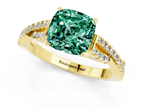 Yellow gold Cushion Cut Green Sapphire Solitaire Engagement Ring with Twisted Pavé Band and Four-Prong Setting_13