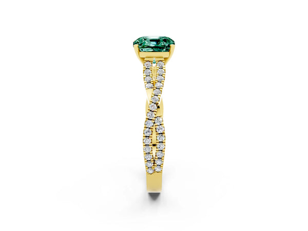 Yellow gold Cushion Cut Green Sapphire Solitaire Engagement Ring with Twisted Pavé Band and Four-Prong Setting