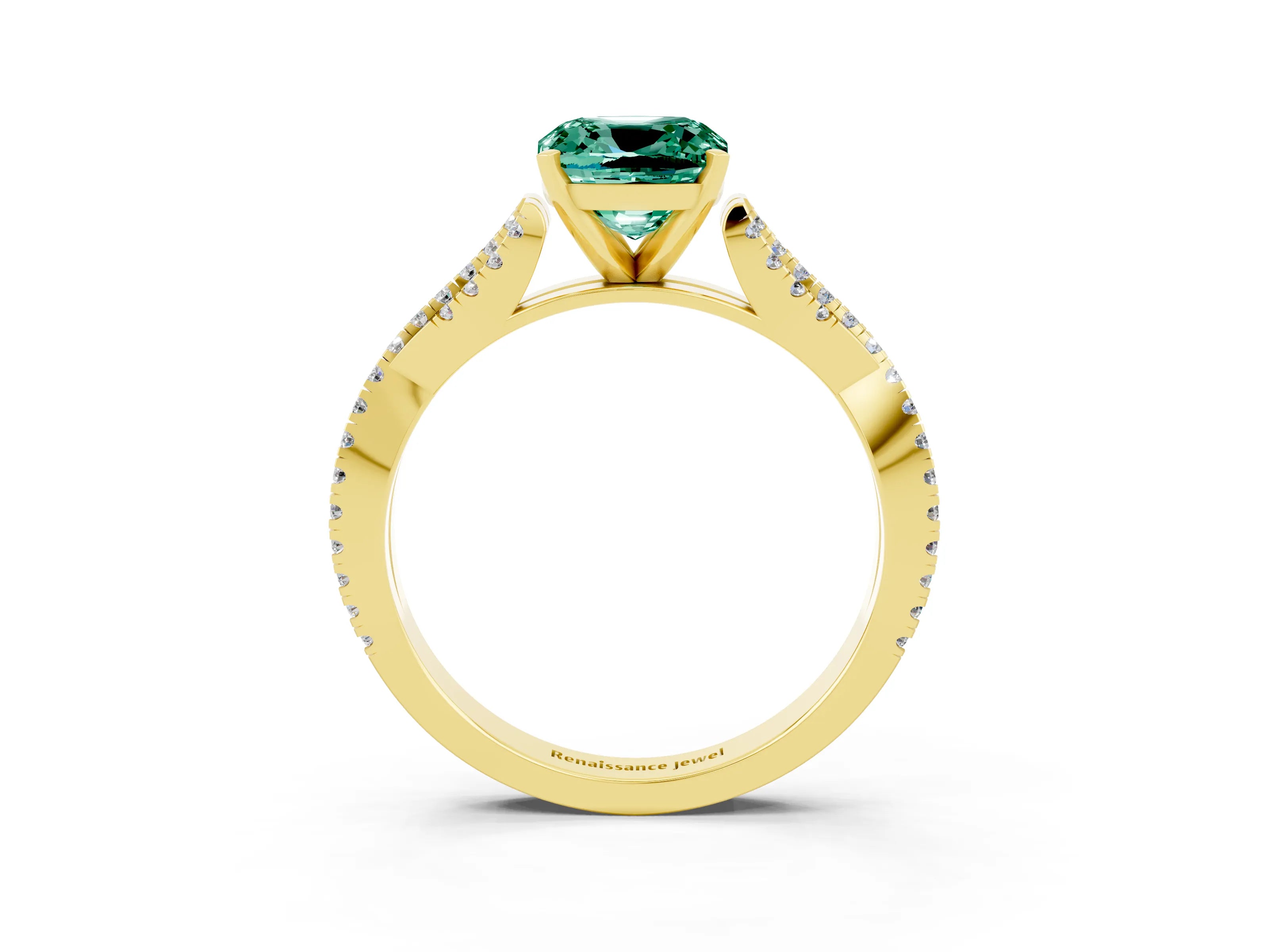 Yellow gold Cushion Cut Green Sapphire Solitaire Engagement Ring with Twisted Pavé Band and Four-Prong Setting_15